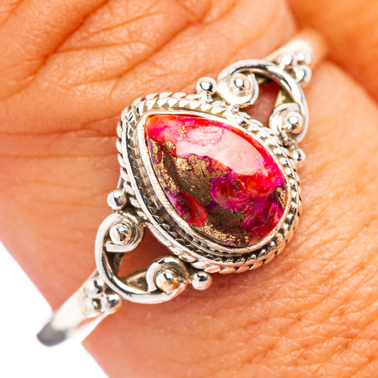 Oval marbled pink–purple gemstone ring in 925 sterling silver, ornate bezel setting