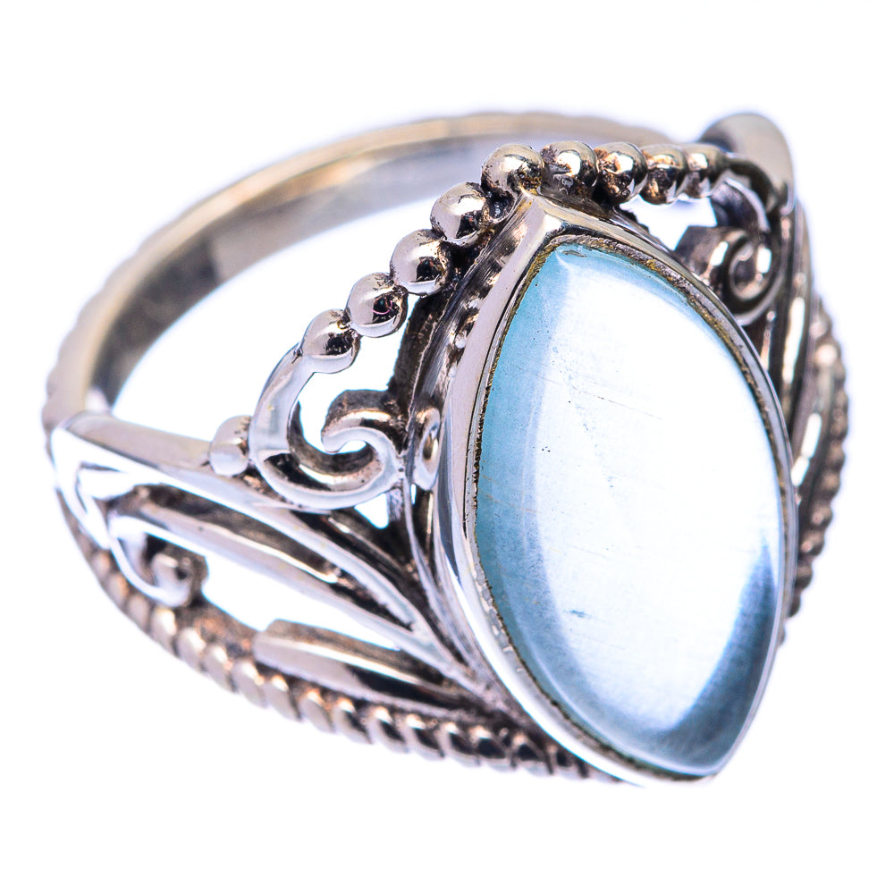 Aquamarine oval ring in sterling silver with raised bezel and beadwork detail, light blue
