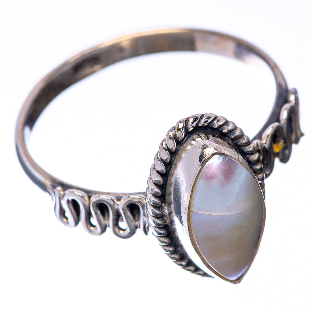 Cultured pearl dainty ring, 925 sterling silver, oval mother-of-pearl bezel and engraved band