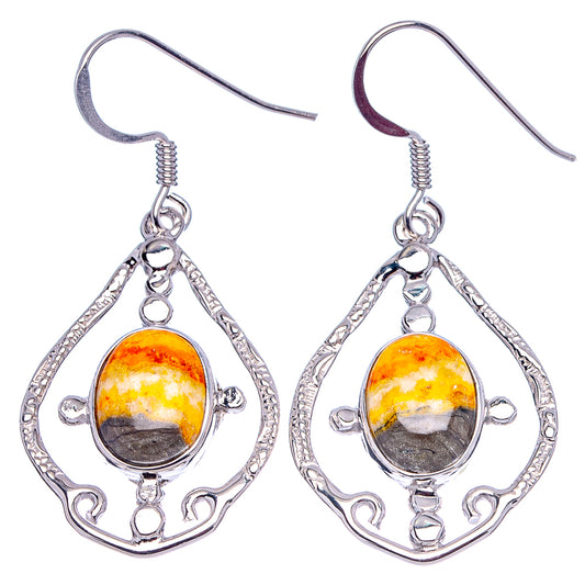 Sterling silver teardrop earrings with bumblebee jasper oval drops and ornate openwork frames