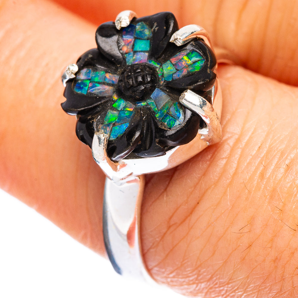Rare Opal Black Onyx Flower Ring Size 8.75 (925 Sterling Silver) R2358