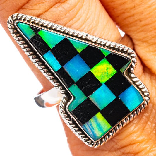 Sterling silver ring with black, teal, and multicolor checkered gemstone, size 11
