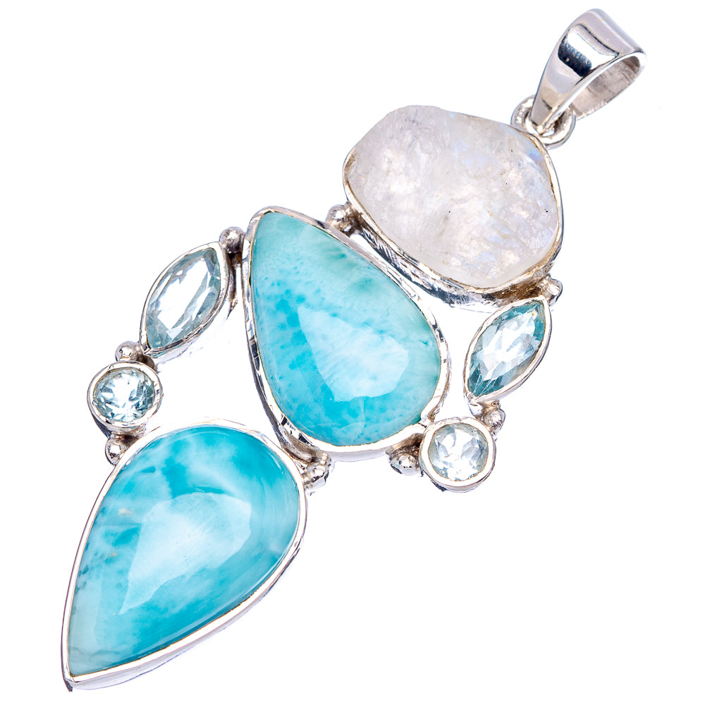 Signature Larimar, Rainbow Moonstone, Blue Topaz Pendant 2 3/8" (.925 Sterling Silver)