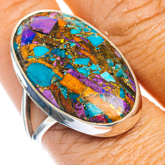 Oval .925 sterling silver ring with multicolor turquoise mosaic inlay, large cabochon