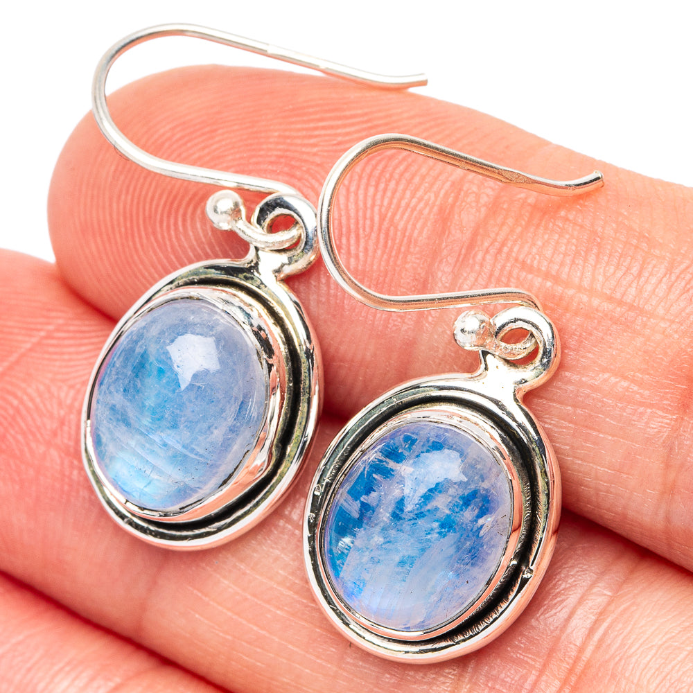 Sterling silver rainbow moonstone oval drop earrings with blue cabochons
