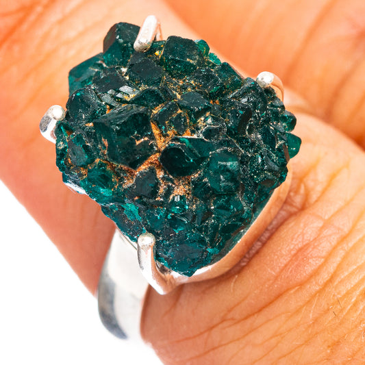 925 sterling silver dioptase gemstone ring with rough green stone and prongs