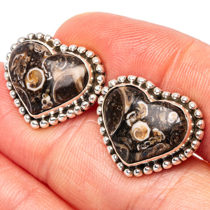 925 sterling silver heart earrings with turritella agate cabochons and beaded border