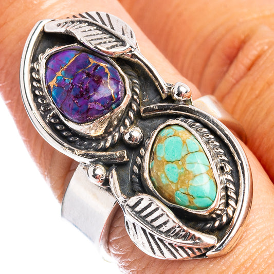 Sterling silver adjustable ring with purple and turquoise cabochon stones and leaf accents