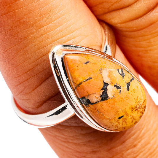 Size 9 sterling silver teardrop jasper ring with orange yellow stone and black veining