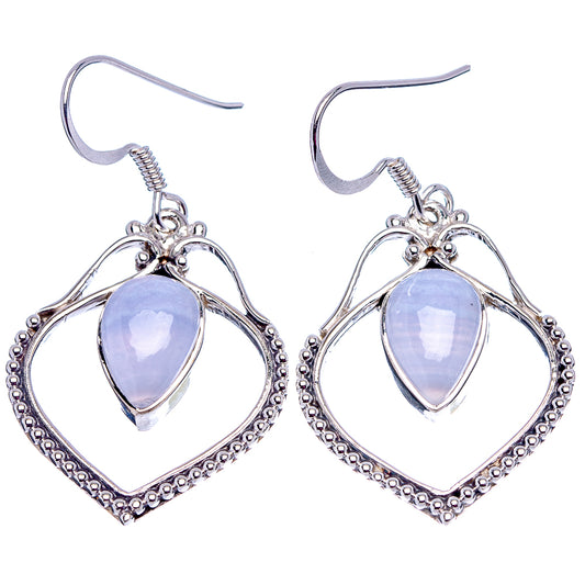 Sterling silver blue lace agate drop earrings with teardrop stones in beaded heart frames