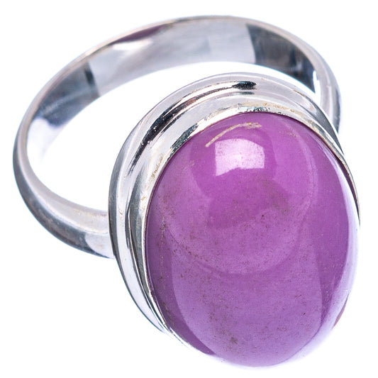 Oval purple gemstone cabochon set in sterling silver ring, side view, size 7