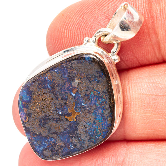 925 sterling silver boulder opal pendant, teardrop stone with blue and gold flecks