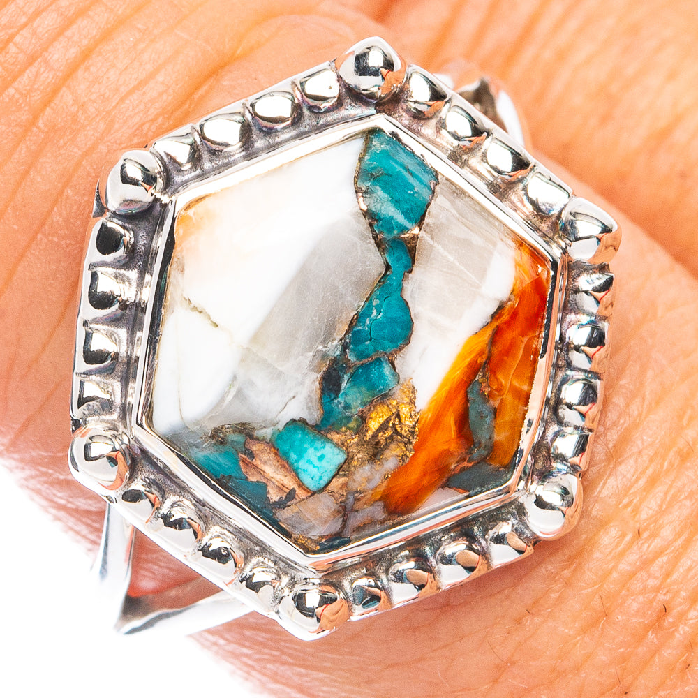 Turquoise spiny oyster ring in 925 sterling silver with octagonal bezel, size 8.75