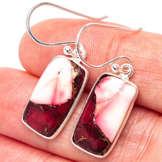 Sterling silver drop earrings, rectangular red and pink marbled stone close-up
