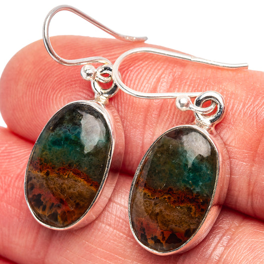 Opalized wood oval drop earrings with .925 sterling silver hooks, close-up green-brown