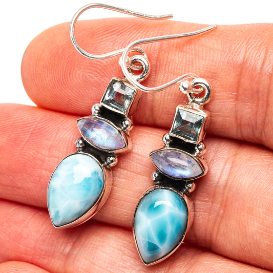 Sterling silver blue gemstone dangle earrings, square top, pear and marquise center stones