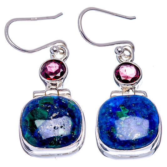 Silver drop earrings with blue oval cabochon and pink-red top stone on fishhooks.