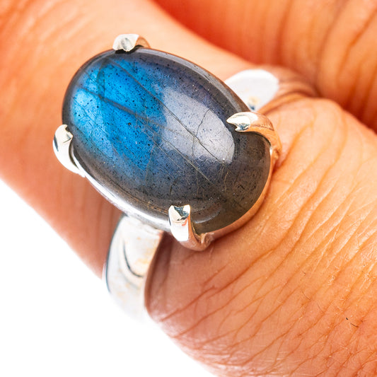 Oval blue labradorite sterling silver ring, open prong-set band