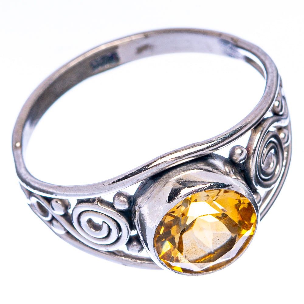 Citrine dainty ring with round faceted yellow stone, ornate swirl 925 sterling silver band