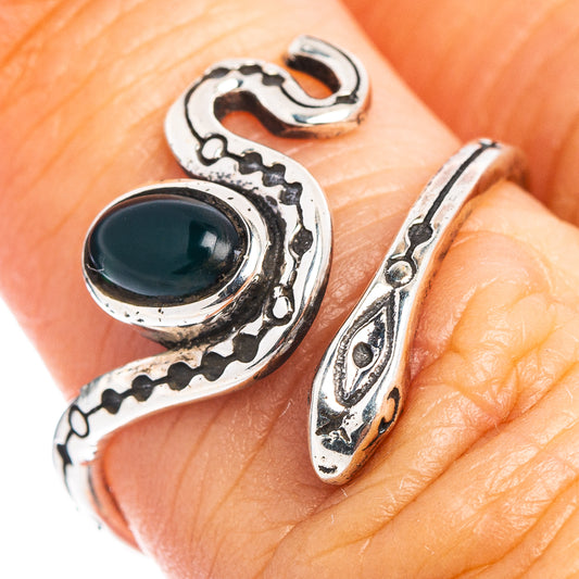 Snake dainty ring with dark green oval onyx, .925 sterling silver