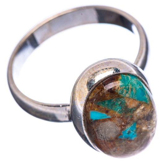 Sterling silver turquoise matrix oval ring, side profile with blue-green cabochon