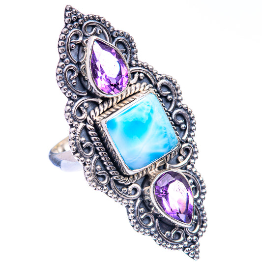 Large Larimar, Amethyst Ring Size 6 (925 Sterling Silver) R141053