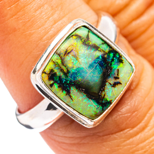 Sterling silver opal ring with square green multicolor gemstone bezel