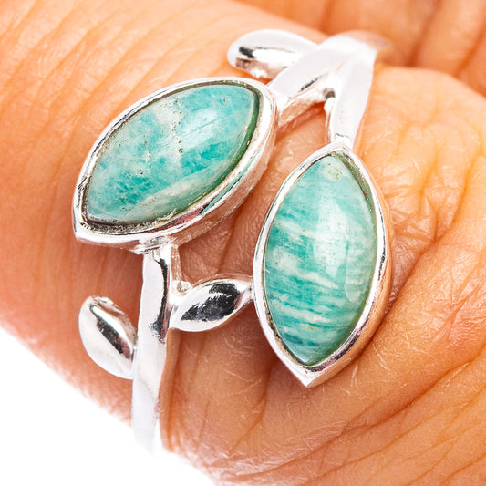 Amazonite leaf dainty ring, size 7, .925 sterling silver with two oval turquoise stones
