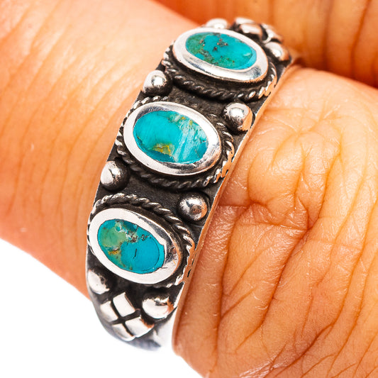 Turquoise cabochon sterling silver ring with three oval stones, size 6.5