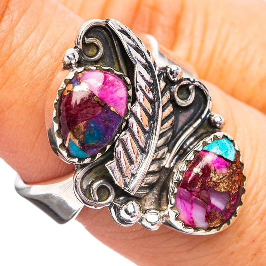 Southwestern Style Pink Dahlia Turquoise Ring Size 7 Adjustable (.925 Sterling Silver)