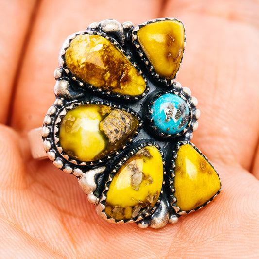 Sterling silver turquoise and yellow gemstone ring, oval stones in sculpted bezel, bead trim