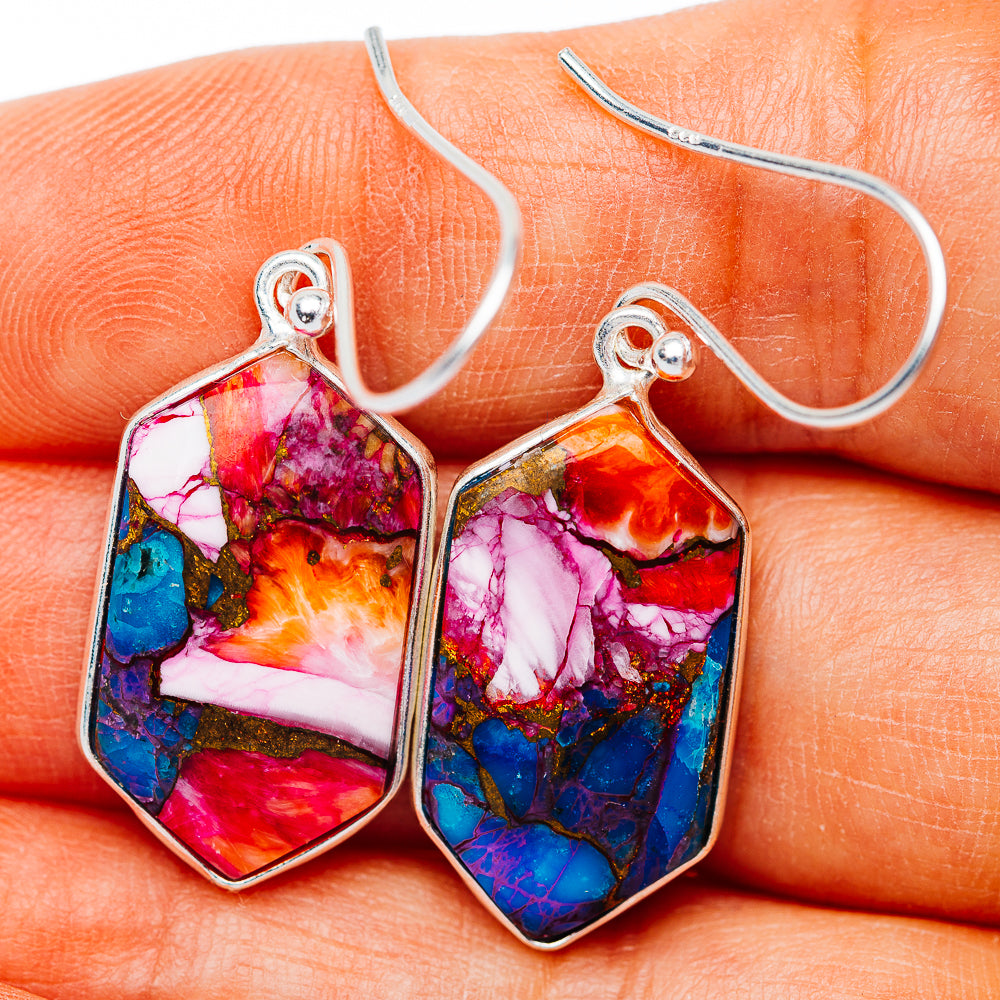 Pink Dahlia Turquoise Earrings 1 1/2" (.925 Sterling Silver)