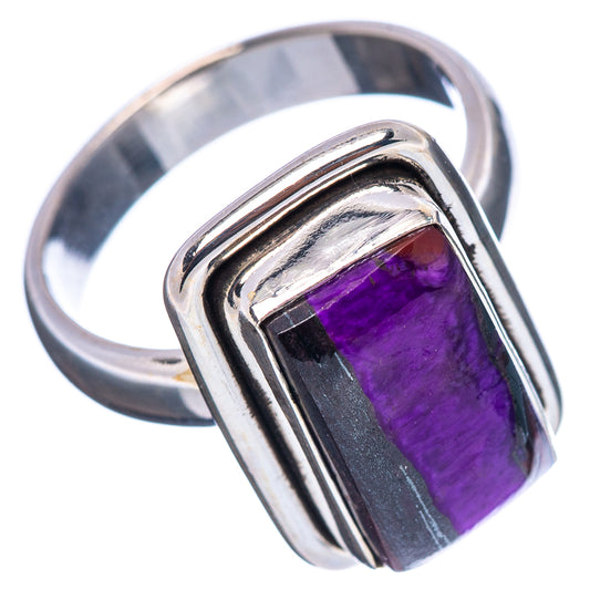 Purple sugilite rectangle bezel ring with ridged .925 sterling silver band, angled view
