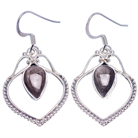 Sterling silver drop earrings with dark pear cabochon and beaded edge