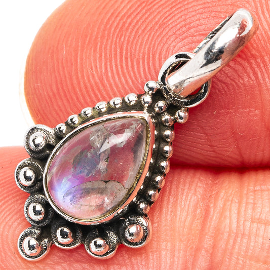 Rainbow moonstone teardrop pendant in .925 sterling silver with beaded halo and bail