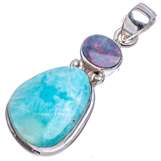 Oval blue opal doublet pendant with round iridescent stone and silver bail
