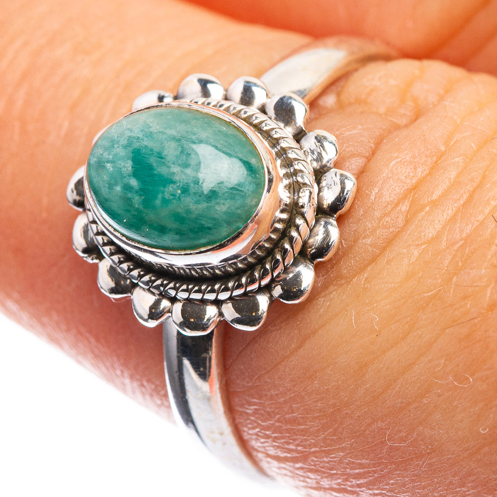 Aquamarine dainty ring, oval green stone in ornate sterling silver bezel