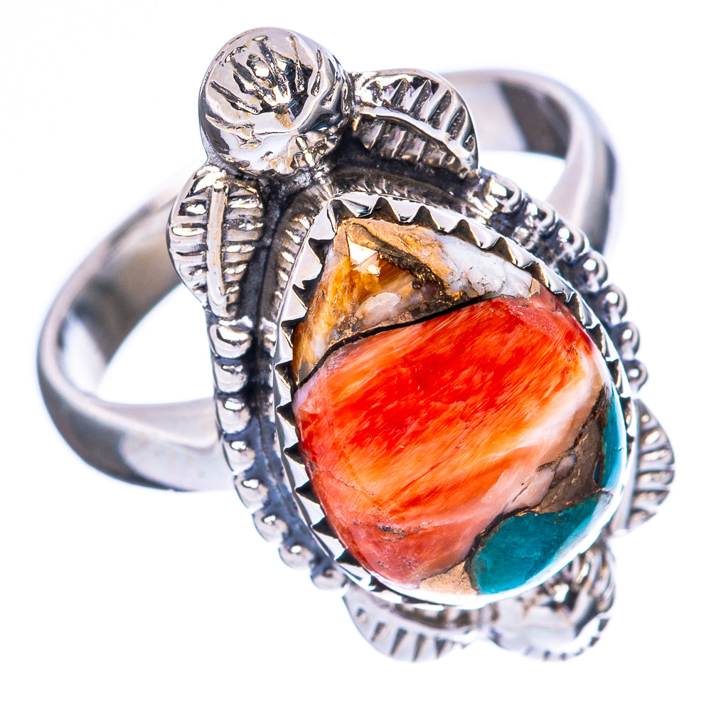 Sterling silver ring, oval orange-red gemstone with turquoise accent, ornate split-shank