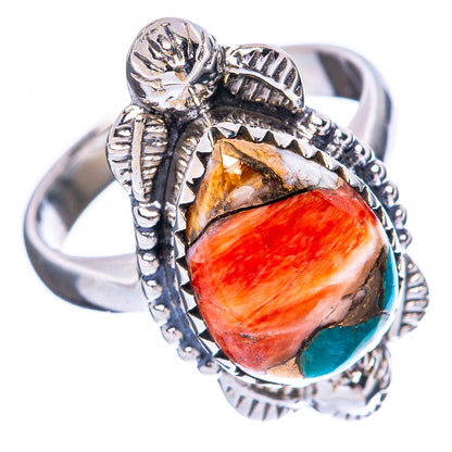 Sterling silver ring, oval orange-red gemstone with turquoise accent, ornate split-shank
