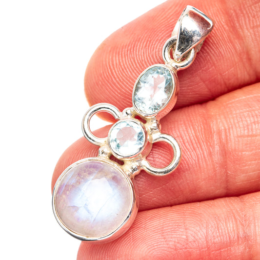 Rainbow Moonstone, Blue Topaz Pendant 1 1/2" (.925 Sterling Silver)