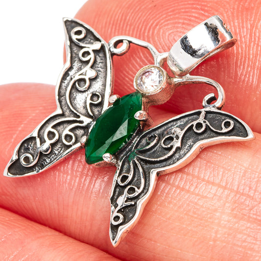 Green Onyx, White Quartz Butterfly Dainty Pendant 1" (925 Sterling Silver) P43538