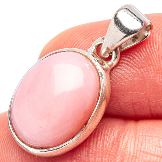 Pink opal pendant in .925 sterling silver, oval pink stone with hinged bail