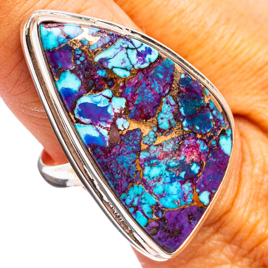 Sterling silver ring with marbled purple, blue and turquoise inlay, oval setting