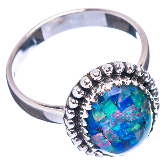 Sterling silver opal ring, size 7.5, scalloped bezel with blue-green multicolor opal