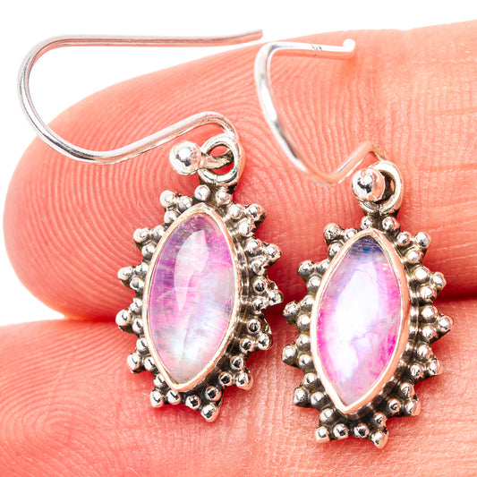 Pink moonstone drop earrings with oval stone, beaded silver halo, French hook backs