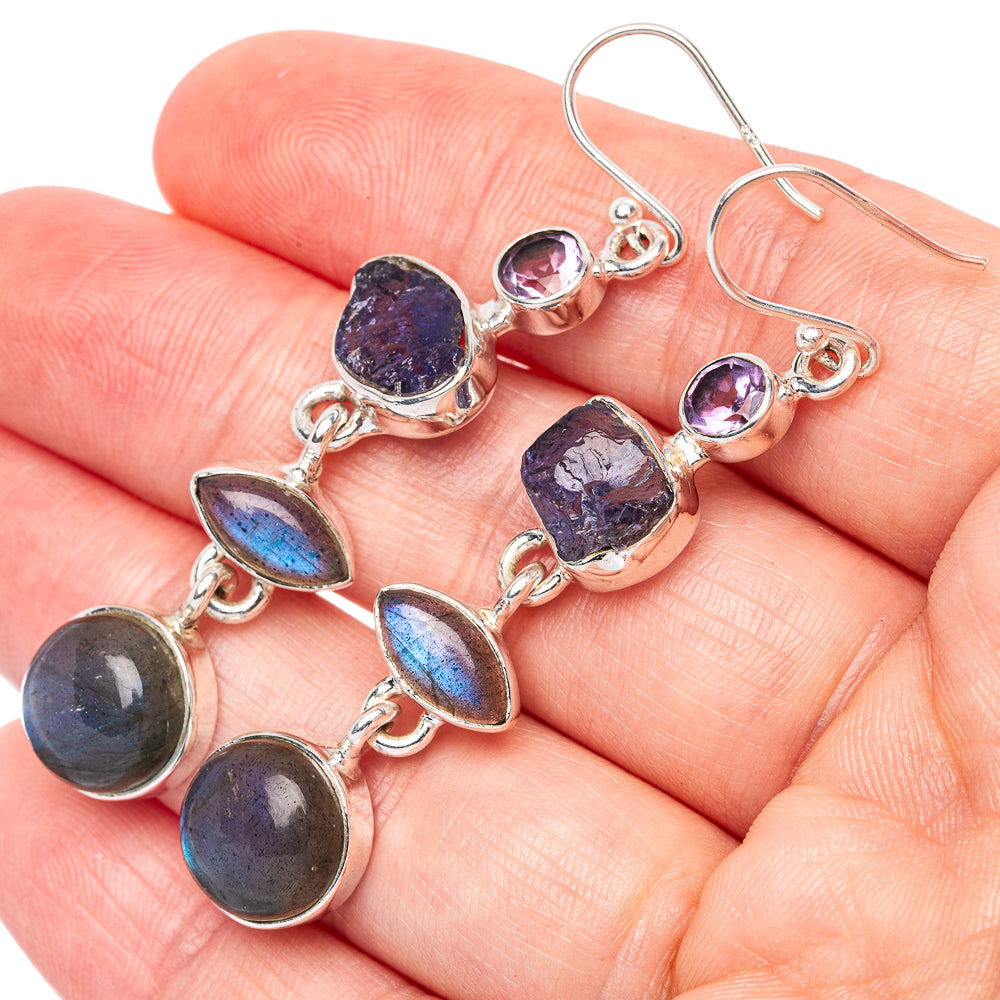 Premium Labradorite, Tanzanite, Amethyst Earrings 2 1/4" (925 Sterling Silver) E1289