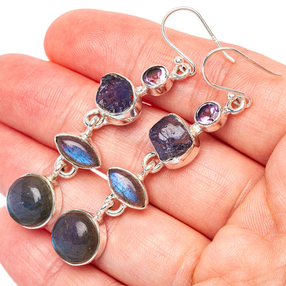 Premium Labradorite, Tanzanite, Amethyst Earrings 2 1/4" (925 Sterling Silver) E1289