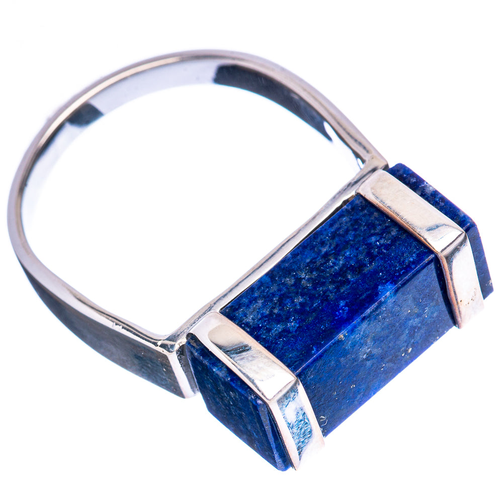 Sterling silver ring with rectangular lapis lazuli stone and V-cut metal bands