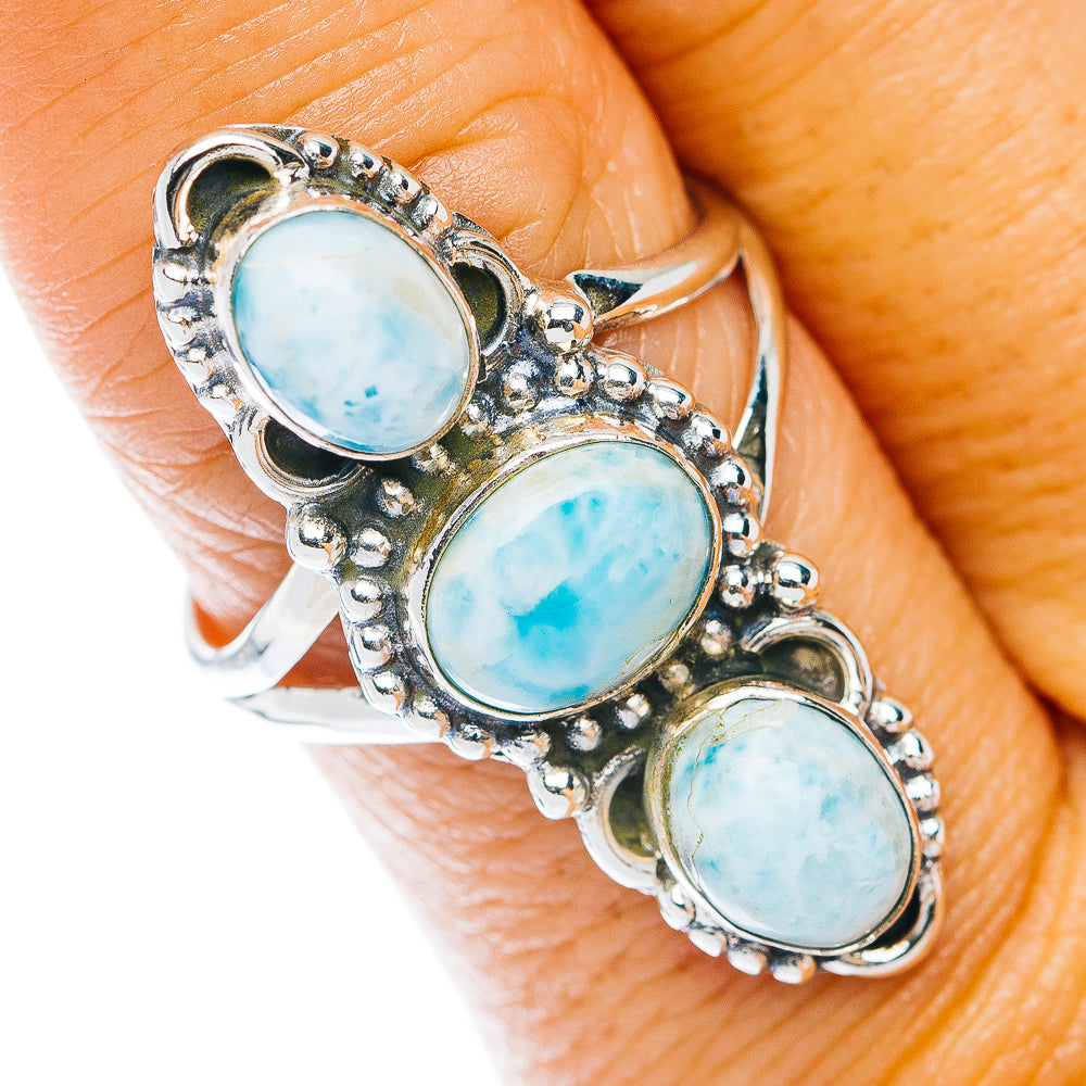 Sterling silver larimar ring with three oval cabochon stones, size 9