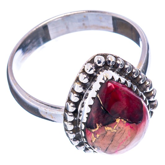 Sterling silver ring with oval red stone bezel and beaded edge, size 9
